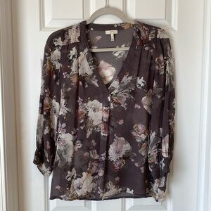 Joie‎ Sheer Silk Blouse Long Sleeve Top Floral Purple Size Small Women V-Neck